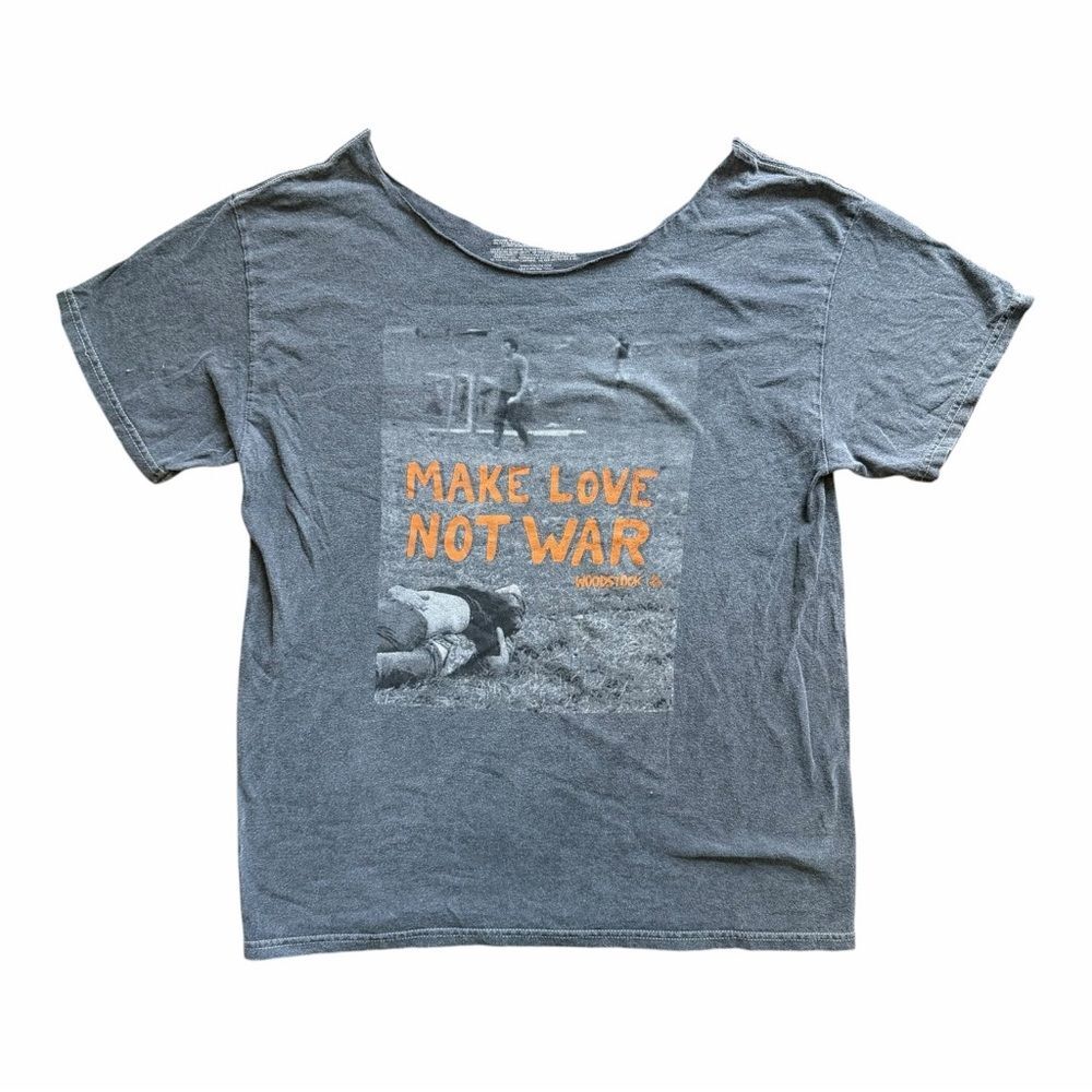 Woodstock Make Love Not War Graphic T-Shirt Gray Vintage Wash Hippie Boho Size M